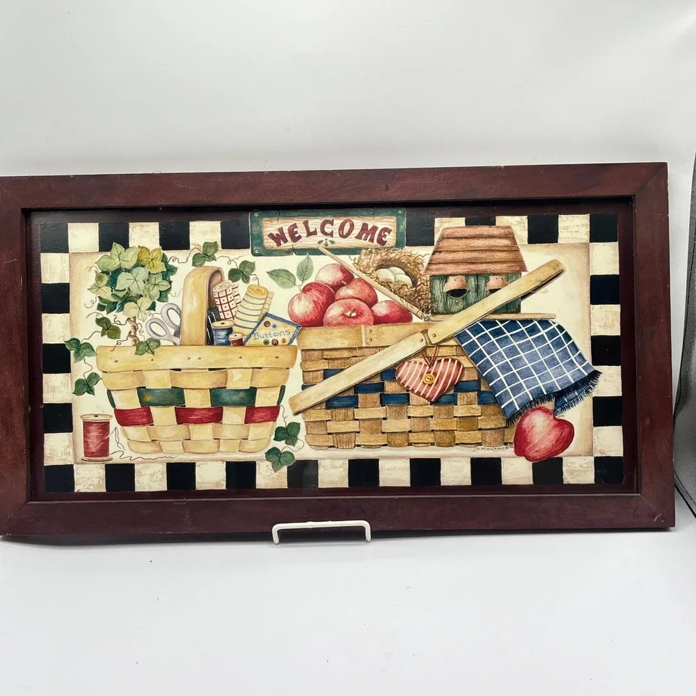Jo Moulton Welcome Framed Wall Art Country Farmhouse Baskets Apples Folk Art